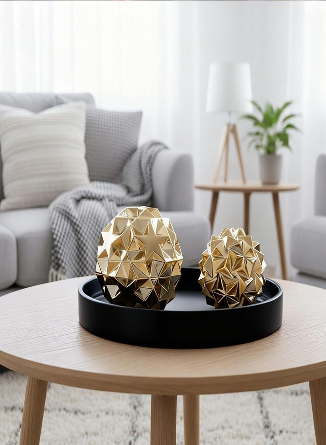 oliruim Gold Decor Geometric Sphere Figurines Set of 2 - Ceramic Gold Abstract Home Accents Orbs for Living Room Coffee Table, Shelf, Mantel, Office Tabletop Contemporary Sculpture - Image 2